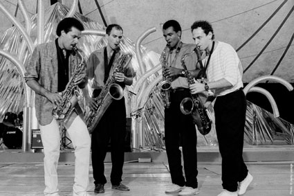29th Street Saxophone Quartet : Ed Jackson (as), Jim Hartog (bar), Bobby Watson (as), Rich Rothenberg (ts), aot 1987 au Jazz Middelheim d'Anvers ©Jacky Lepage