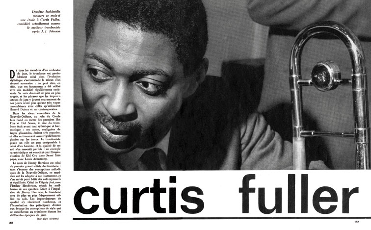 Fac-simile de la double page 22-23 d'ouverture de l'article de Demtre Ioakimidis consacré  Curtis Fuller dans le n176 de Jazz Hot, mai 1962, photo de Jean-Pierre Leloir © Jazz Hot Archives