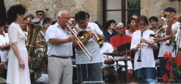 De gauche  droite: Carol Leigh, Henri Perrier, Laurent Verdeaux, Jean-Marc et Michel Laplace, Marciac, 1995 © Lisiane Laplace