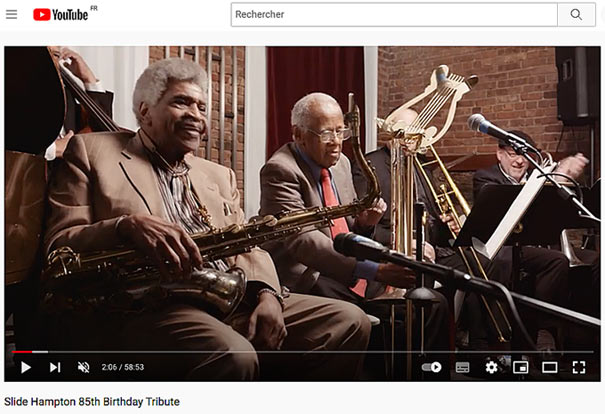 85e anniversaire de Slide Hampton, image extraite de YouTube George Coleman, Slide Hampton, Steve Turre et Steve Davis; étaient aussi présents Kamau Adilifu (tp),Peter Lin (tb), Kenny Barron (p), Rufus Reid (b), Victor Lewis (dm)