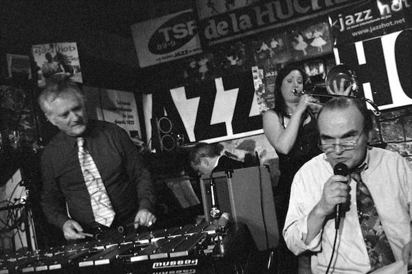 Dany Doriz (vib), Laurent Epstein (p), Sarah Morrow (tb), Marc Fosset, soirée des 75 ans de Jazz Hot, Caveau de La Huchette, Paris, 23 mars 2010 © Jose Horna