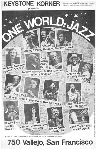 One World: Jazz, une affiche-programme du Keystone Korner de San Francisco propose du 2 au 7 octobre 1979 les Heath Bros. avec Stanley Cowell © Keystone Korner by courtesy of Todd Barkan