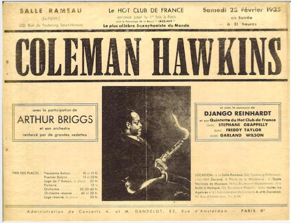 Affiche du concert inaugural de la revue Jazz Hot, Coleman Hawkins (dessin Charles Delaunay), 23 février 1935, avec Arthur Briggs et son orchestre et Django Reinhardt et le Quintette du Hot Club de France