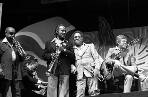 Harry Sweets Edison at Monterey Jazz Festival, 1976, Benny Carter (tp) John Lewis (p), Harry Sweets Edison (tp), Dizzy Gillespie (tp), Mundell Lowe (g) © Ray Avery/CTSIMAGES