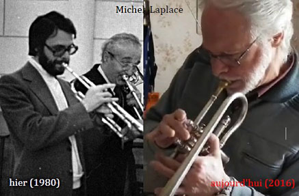 Michel Laplace (tp Bach) et Edmond Badie (1980), ML (cornet York, 2016) © Lisiane Laplace