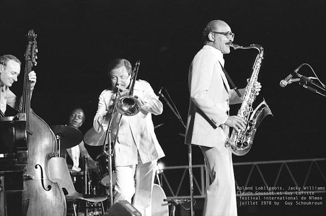 Roland Lobligeois (b), Jacky Williams (dm), Claude Gousset (tb), Guy Lafitte (ts), Festival International de Nîmes, juillet 1978 © Guy Schoukroun