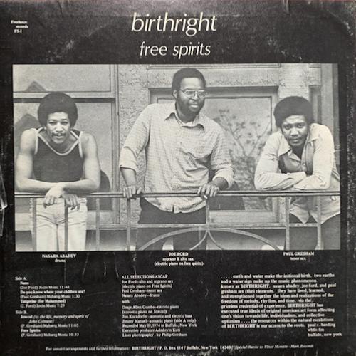 de g. à d.: Nasar Abadey, Joe Ford, Paul Gresham, LP 1974. Birthright, Free Spirits, Freelance (verso) de g. à d.: Nasar Abadey, Joe Ford, Paul Gresham, LP 1974. Birthright, Free Spirits, Freelance (verso)