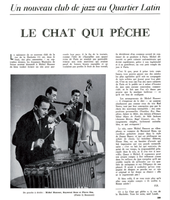 Michel Hausser (vib) Raymond Beau (g), Pierre Sim (b), Jazz Hot n118, février 1957 © Collection Jazz Hot