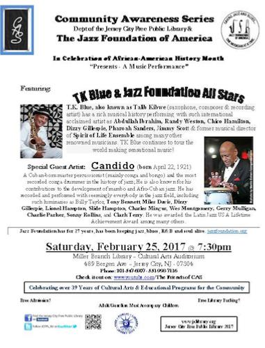 CAS: T.K. Blue & Jazz Foundation All Stars feat. Candido, 25 février 2017