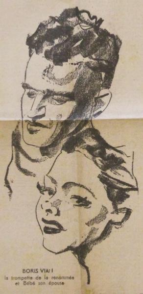 Boris Vian et son épousé "Bébé" d'aprs un croquis paru dans l'hebdomadaire parisien La Bataille, n238 du 14 juillet 1949 © Collection Franois Roulmann, by courtesy